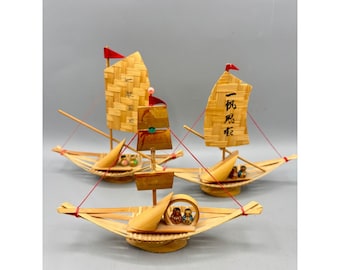 Vintage Bamboo Sailing Junk Boat Miniatures Set of 3 Asian Folk Art Decor 7in
