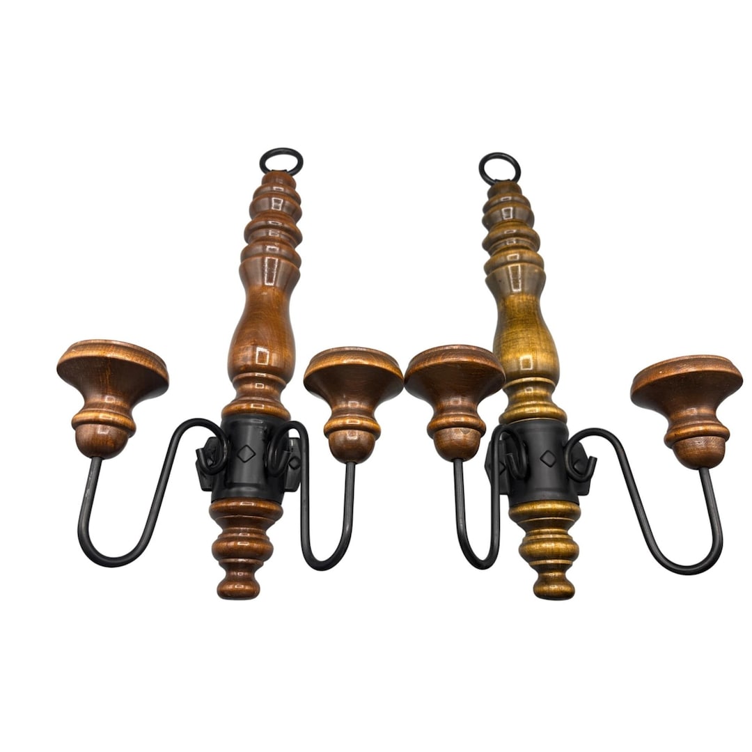 1970年代の 壁掛け キャンドル スタンド ヴィンテージ 70年代 2個入り ダブル木製壁掛けキャンドルホルダー