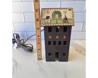 Crazy Mountain Primitive Wooden House Lamp Folk Art Americana Willow Tree Decor