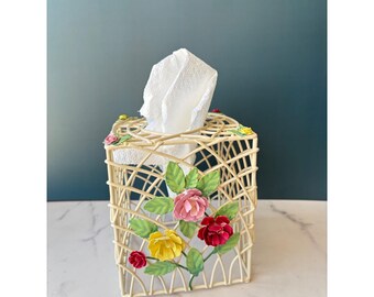 Vintage Metal Tole Wire Floral Tissue Box Cover Cream Lattice Cottagecore Decor