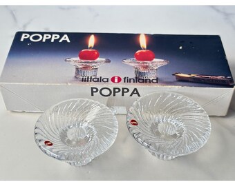 Iittala Finland Juego de portavelas de cristal Poppa Valto Kokko Clear Swirl 2659-70