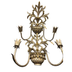 Vtg Gold Tone Wall Candle Holders Sconce Floral Design Hollywood Regency