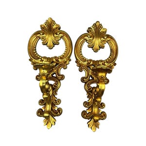 Vintage Gold Hollywood Regency Ornate Wall Candle Sconces Set