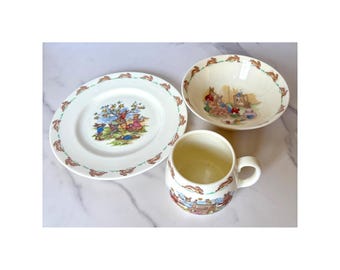 Vintage Royal Doulton Bunnykins 3-delat set tallrikar skål mugg engelskt fint benporslin