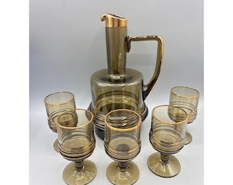 ヴィンテージ MCM スモーキーブラウン ガラス デカンタセット ゴールドリム 6個入り コーディアルグラス バーウェア