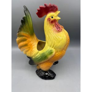 Vtg Ceramic Rooster Chicken Planter Multicolor Farmhouse Style