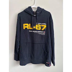 Vtg 90s Ralph Lauren Polo Jeans Mens Hoodie L RL-67 Navy Blue Logo
