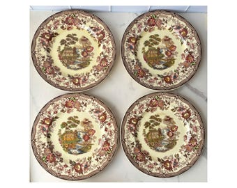 Clarice Cliff Royal Staffordshire Tonquin Brown Floral Zestaw 4 talerzy obiadowych
