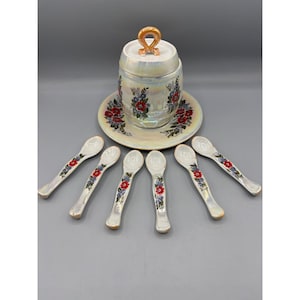 Tarro de miel vintage con 6 cucharas de cerámica iridiscente con diseño floral.