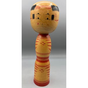Vintage Japanese Kokeshi Doll Handmade Wood Red Traditional 9.5&quot; Tall Folk Art Signed
