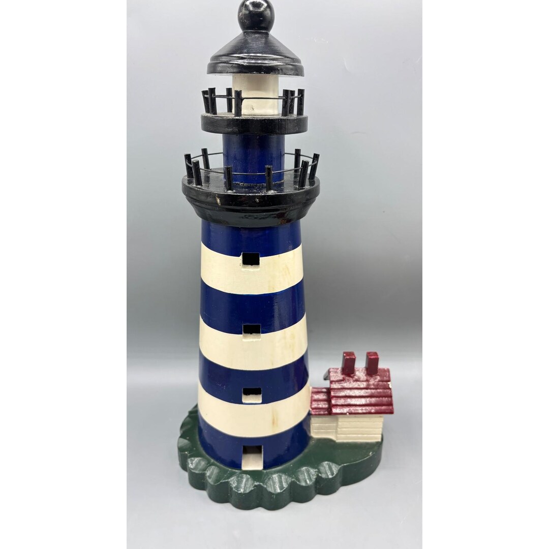 Nautical Decor Wooden Lighthouse Sculpture Blue White Stripe - Etsy