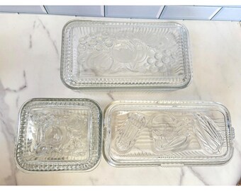Vtg Federal Glass Clear Ribbed Glass Refrigerator Dishes Fruit Set of 3
