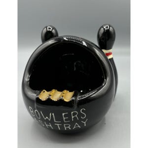 Vtg Bowlers Ashtray Bowling Ball Pin Design Black Retro Ceramic