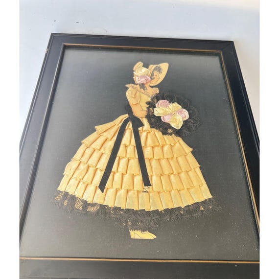 lady ribbon dress Vintage Art Victorian Yellow Satin Framed 9x11 cos-play