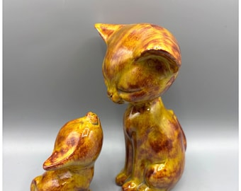 VTG Keramik Kätzchen Figuren Set Mama und Baby Katze Statuen 1950er Jahre MCM