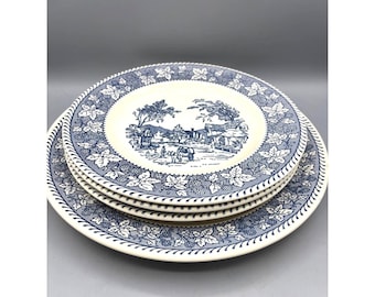 Platos y bandeja vintage de 4 piezas de la colección Stratwood Shakespeare Country, color azul y blanco.