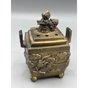 Vtg Japanese Brass Incense Burner Foo Dog Lid Dragon Motif Square Cube