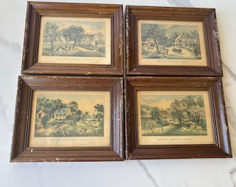 Currier & Ives American Homestead Seasons Set of 4 Framed Vintage Prints