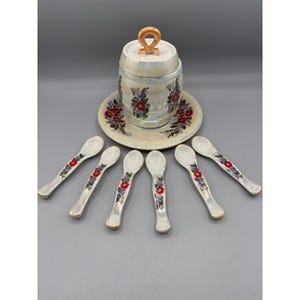VTG-honingpot met 6 lepels lustreware iriserend bloemenkeramiek