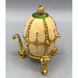 Vtg Enameled Jeweled Hinged Egg Trinket Box Gold Accents With Stand