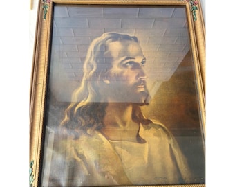 Litografía vintage de Warner Sallman "Cabeza de Cristo" de 1941, enmarcada, Kriebel, 22x18