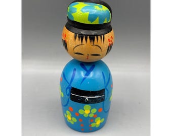 ヴィンテージこけし人形鉛筆削り 手描き木製 ブルー フォークアート