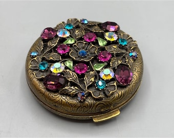 Vtg Sweet Romance USA Floral Jeweled Compact Mirror Brass Colorful Stones