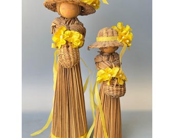 ヴィンテージ ハンドメイド ストロー人形 韓国製 編み込み 2個セット 黄色い花柄 コテージ