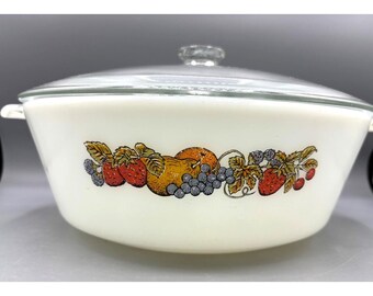 Tapa para cacerola redonda vintage Fire King Ovenware de 3 cuartos de galón, diseño de frutas de la cosecha, vidrio opalino.