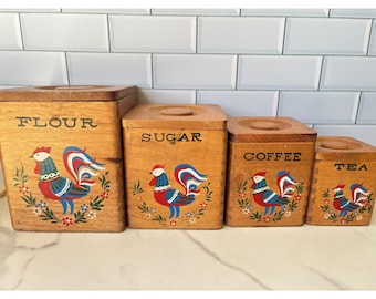 Vintage Wooden Rooster Canister Set 4pc Flour Sugar Coffee Tea Farmhouse Decor