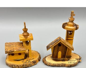 Vintage Hand Carved Wood Miniature Church Set La Serena Chile Folk Art Souvenir