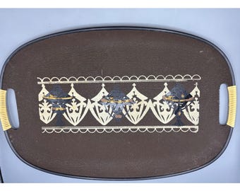 Vtg MCM Oval Braunes Serviertablett Gewebte Griffe Handbemalt