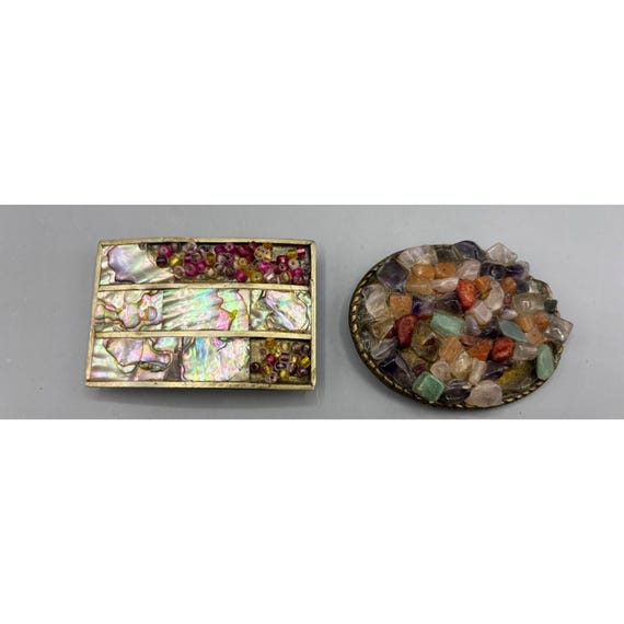 Vtg 2 Pc Stone Shell Bead Inlay Belt Buckle Set Oval  display picture 3