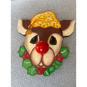 Vtg Hand Painted Wooden Reindeer Wall Hanging Rudolph Christmas Decor