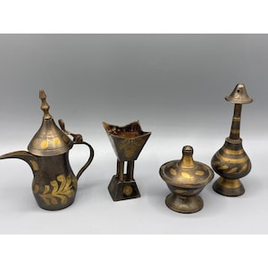 Vintage Brass & Gold Tone Decorative Middle Eastern Tea Set 4 Pc