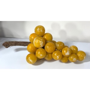 Vintage Alabaster Stone Grapes Cluster Wooden Stem Decorative Piece Distressed Finish