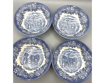 Juego de 4 cuencos para sopa de loza inglesa azul y blanca con decoración transferida, diseño Dickens.