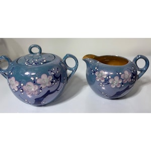 Vtg 30s Blue Ceramic Creamer Sugar Bowl Set Cherry Blossom Lusterware Japan