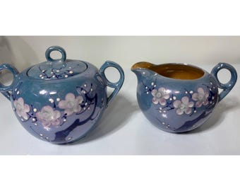 VTG 30s blauwe keramische creamer suikerpot set kersenbloesem lusterware Japan