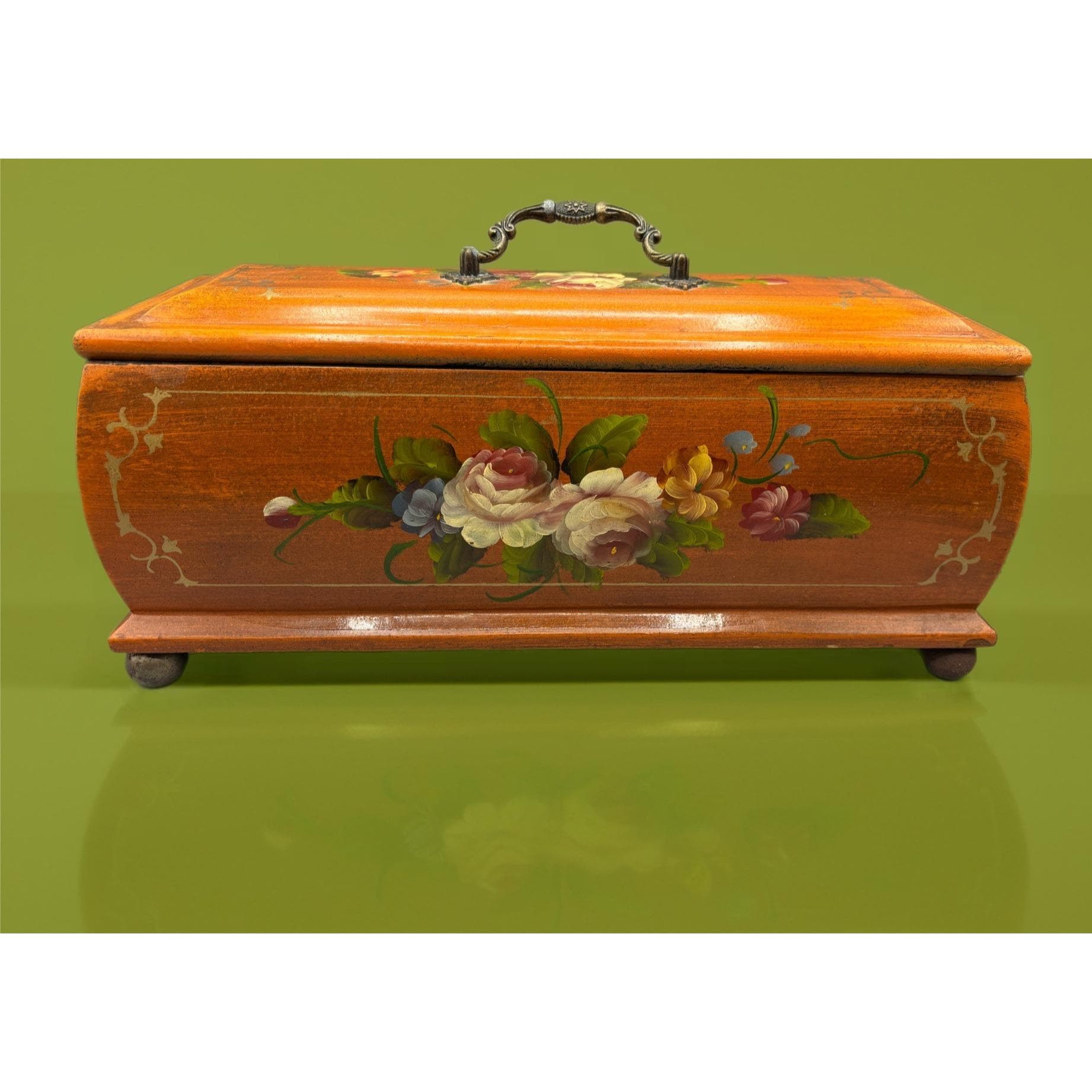 Vintage Hand Painted Wooden Box Floral Design W/ Lid Storage Decor