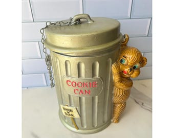 Vintage Ceramic Trash Can Cookie Jar with Climbing Bear Beware of Bear Silver