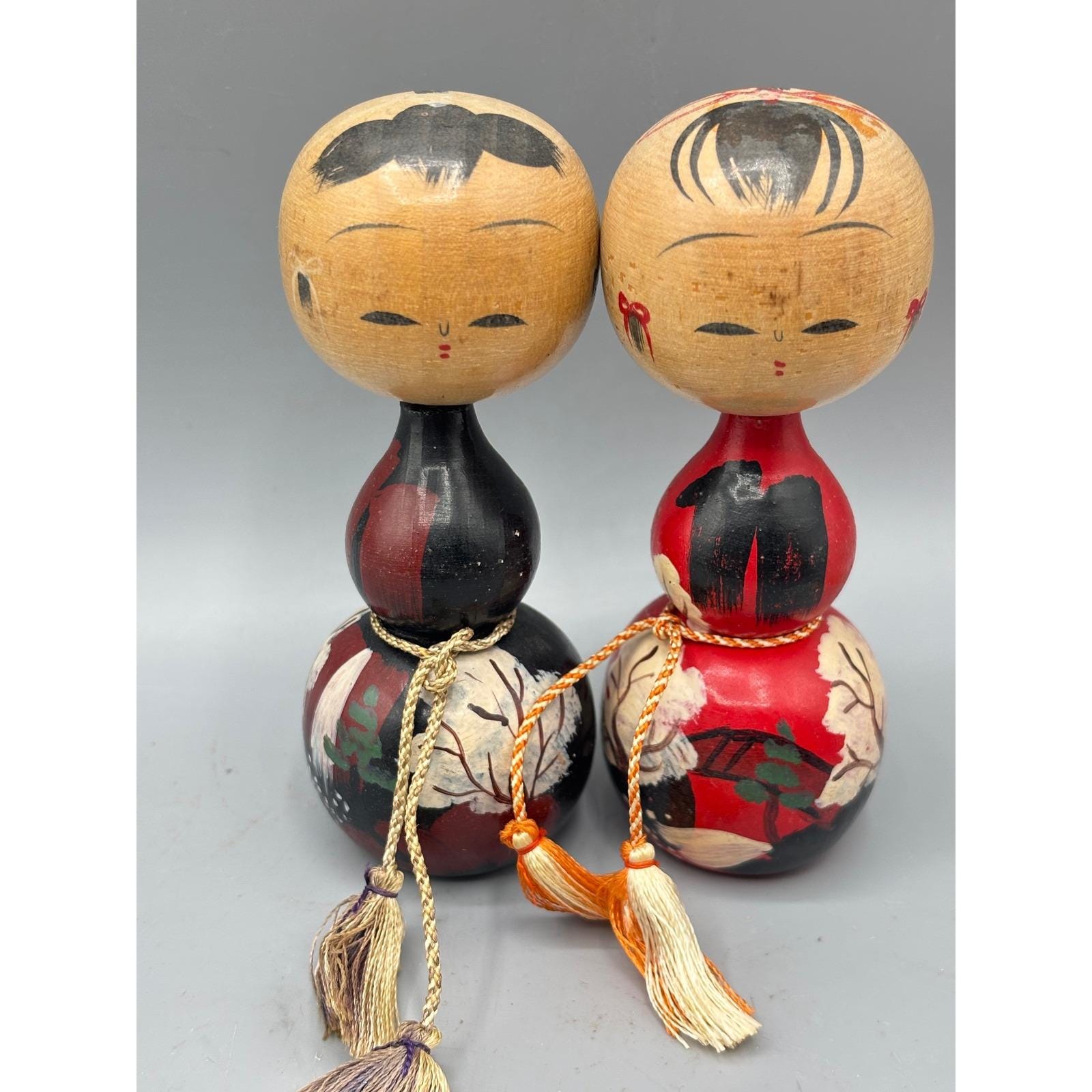 Vintage Japanese Kokeshi Dolls Set Hand Painted Wood Folk Art Pair