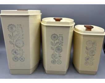 Vintage 1970s Lustroware 3 Pc Canister Set Plastic Floral Beige Nesting