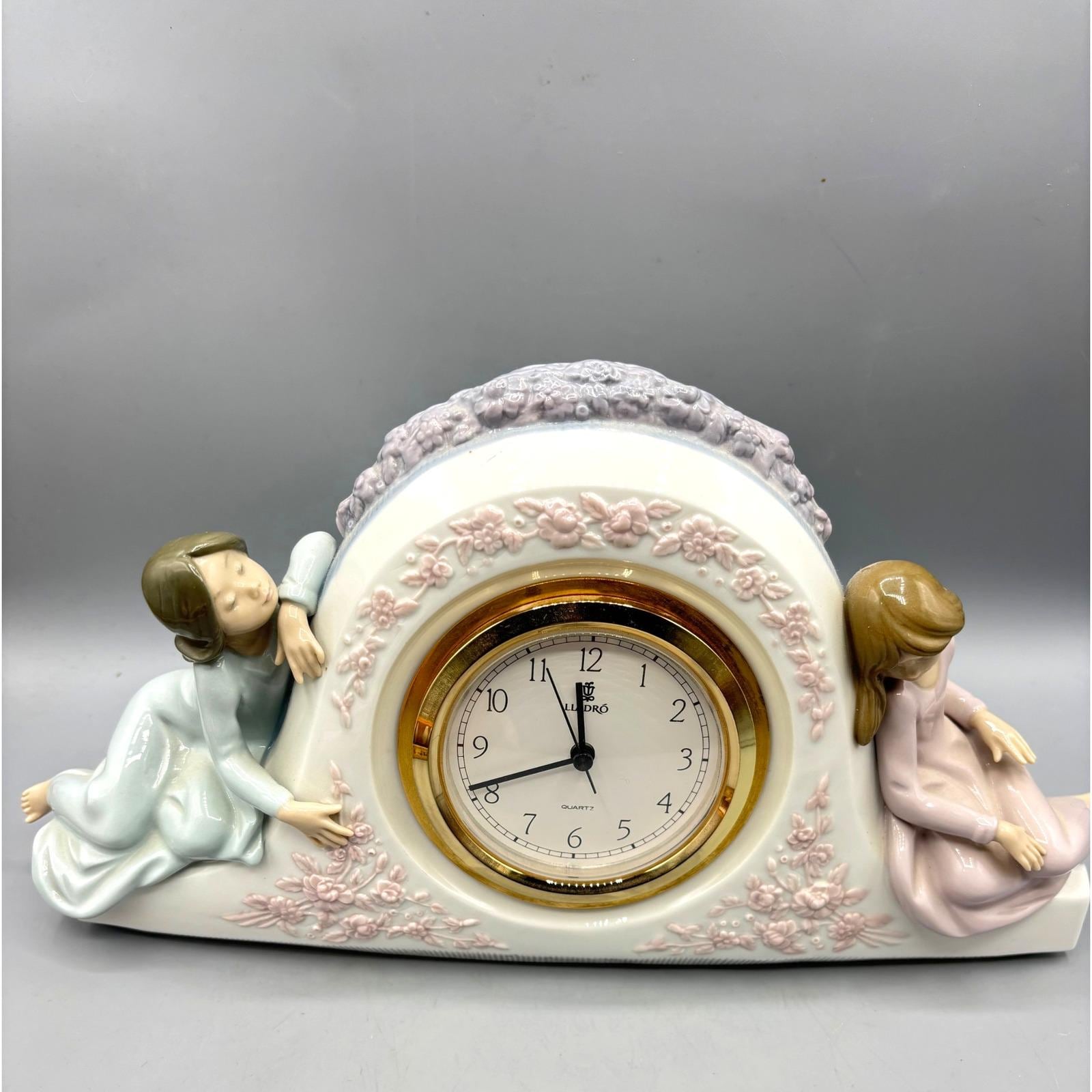 Lladro Porcelain Mantle Clock 5776 Two Sisters Floral Gold Tone
