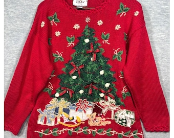 Tiara Petites L Vintage Red Christmas Sweater Tree Embellished Bells Womens