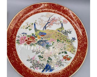 ヴィンテージ 薩摩焼 孔雀 桜 装飾皿 赤金縁