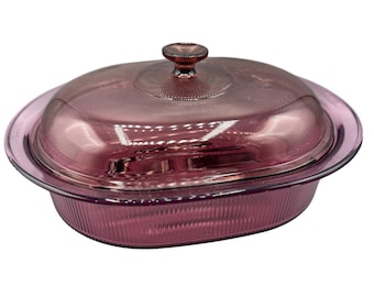Pyrex Visions Cranberry Glass 4 Quart Oval Roaster Casserole Dish Lid