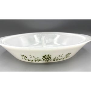 Vintage Glasbake Green Floral Daisy Divided Casserole Milk Glass