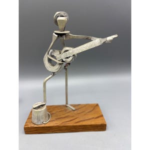 Vtg Hand Made Metal Guitarist Figurine Nuts Bolts Wood Base
