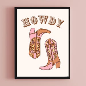 Howdy Retro Cowgirl Digital Wall Art Print | Costal Cowgirl Wall Art | Vintage Cowgirl Art | Cowgirl Boots Print | Western Gallery Wall Art